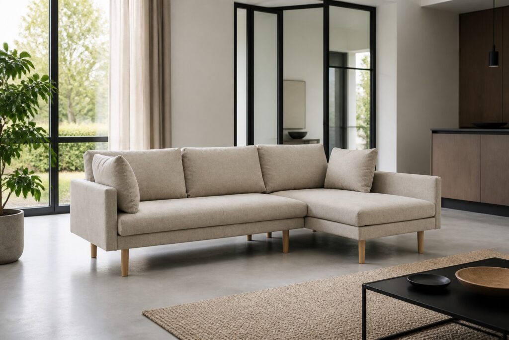 HVIDBJERG bank met chaise longue zand in een modern interieur: chaise longue in beige