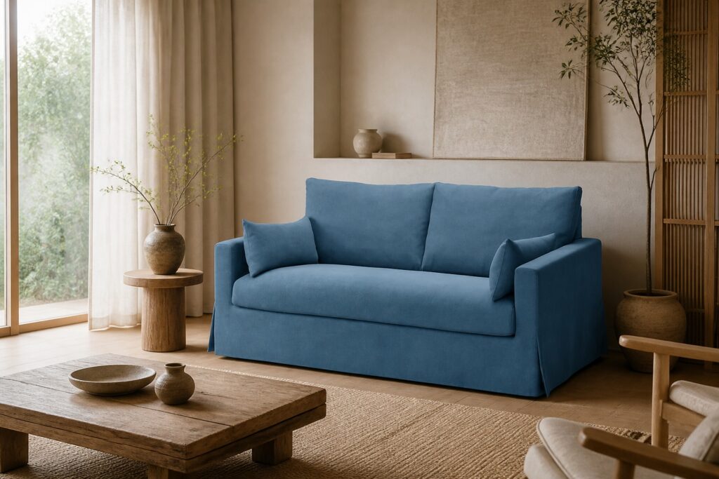 HYLTARP 2-zitsbank Tallmyra blauw in een japandi interieur: 2-zitsbank in blauw