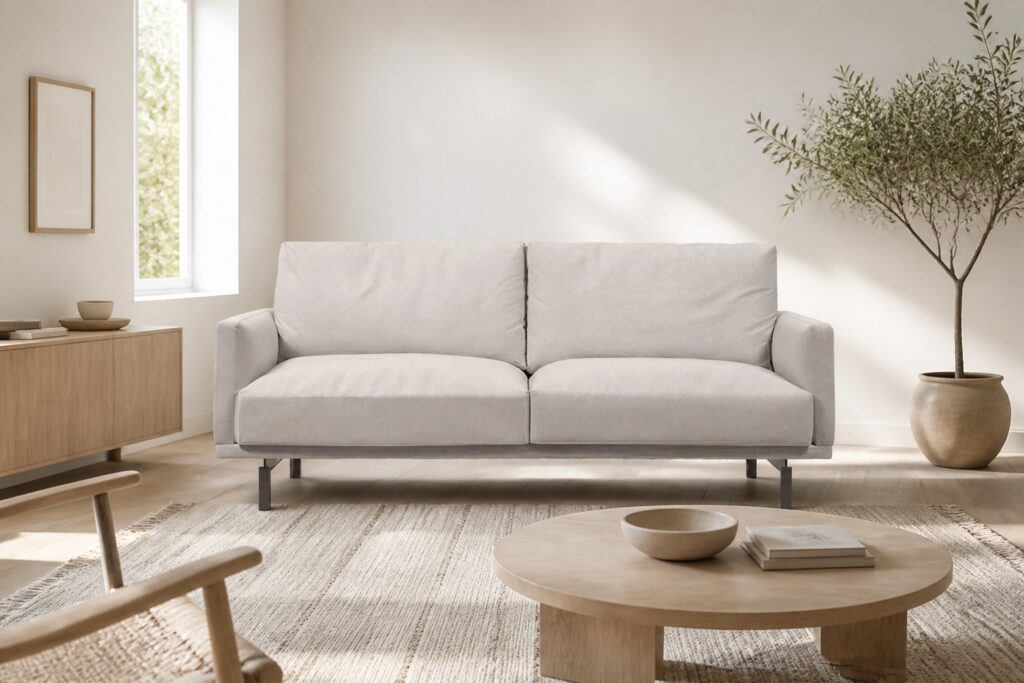 Kave Home 3-zitsbank Galene beige in een licht scandinavisch interieur: 3-zitsbank in beige
