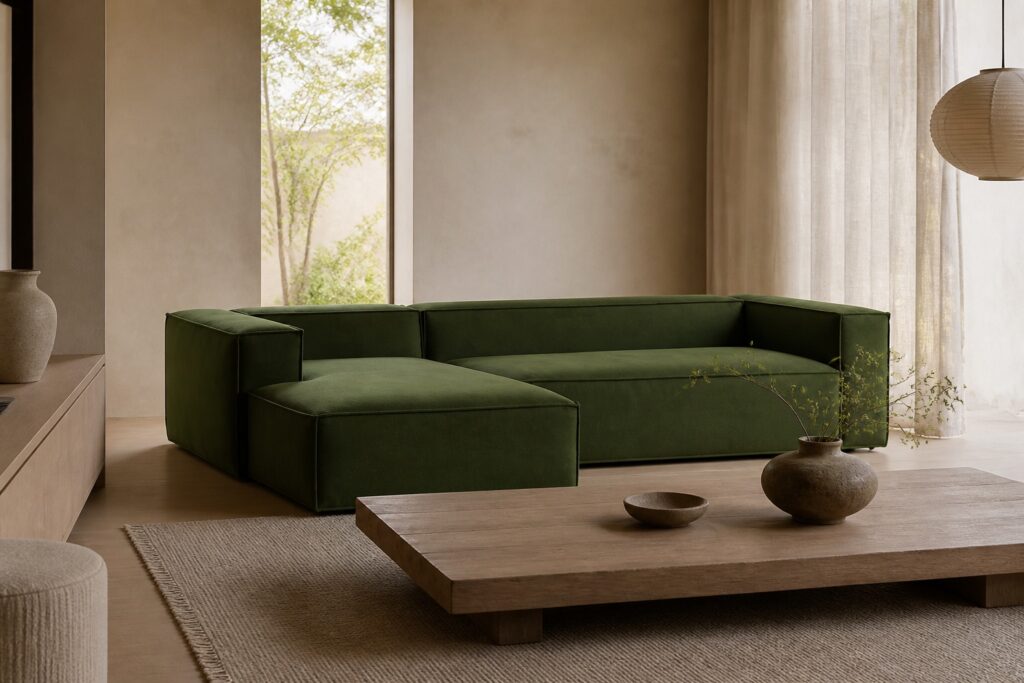 Kave Home Blok chaise longue donkergroen rib in een japandi interieur: chaise longue in groen