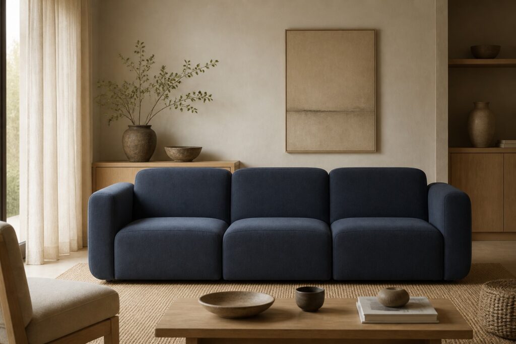 Kave Home Neom modulaire bank blauw in een japandi interieur: 3-zitsbank in blauw