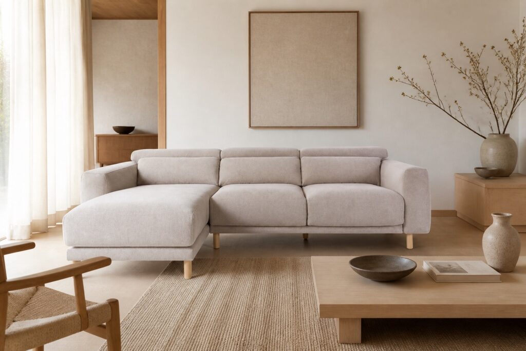 Kave Home Singa bank met chaise longue beige in een japandi interieur: chaise longue in beige