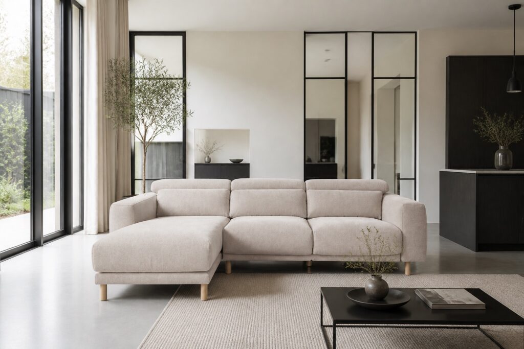 Kave Home Singa bank met chaise longue beige in een modern interieur: chaise longue in beige