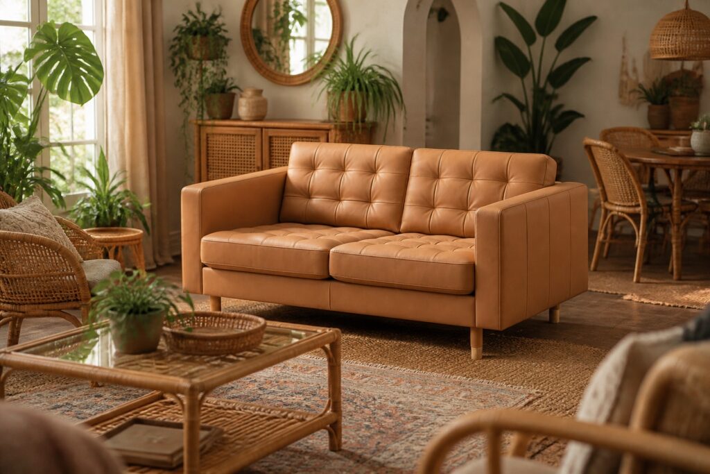 LANDSKRONA 2-zitsbank Grann/Bomstad goudbruin in een bohemien interieur: 2-zitsbank in bruin