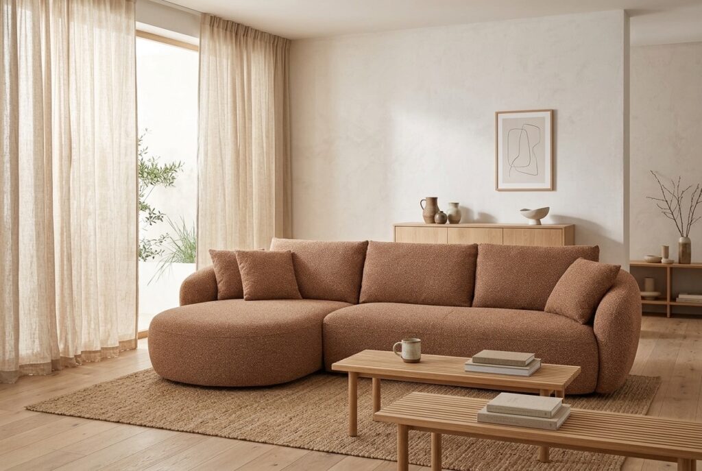 Loungebank Ava rood in een japandi interieur: chaise longue in rood