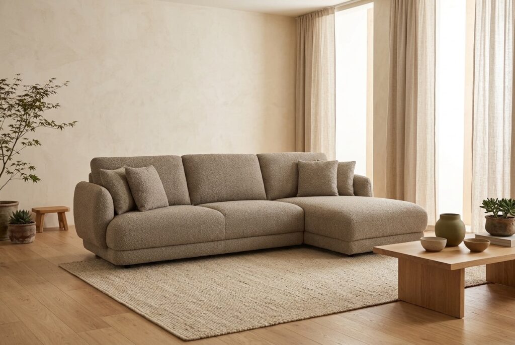 Loungebank Premiere beige in een japandi interieur: chaise longue in beige