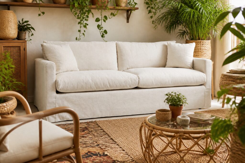 LYNGAA 3-zitsbank met afneembare hoes beige in een bohemien interieur: 3-zitsbank in beige