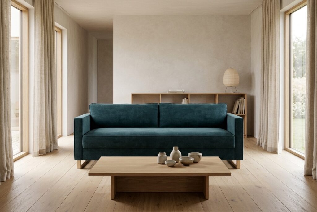 Madison, Slaapbank Danny Dusty Blue in een japandi interieur: slaapbank in blauw
