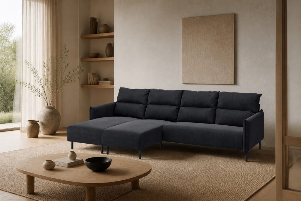 MANNARP 4-zitsbank met chaise longue Saxemara zwartblauw in een japandi interieur: hoekbank in blauw