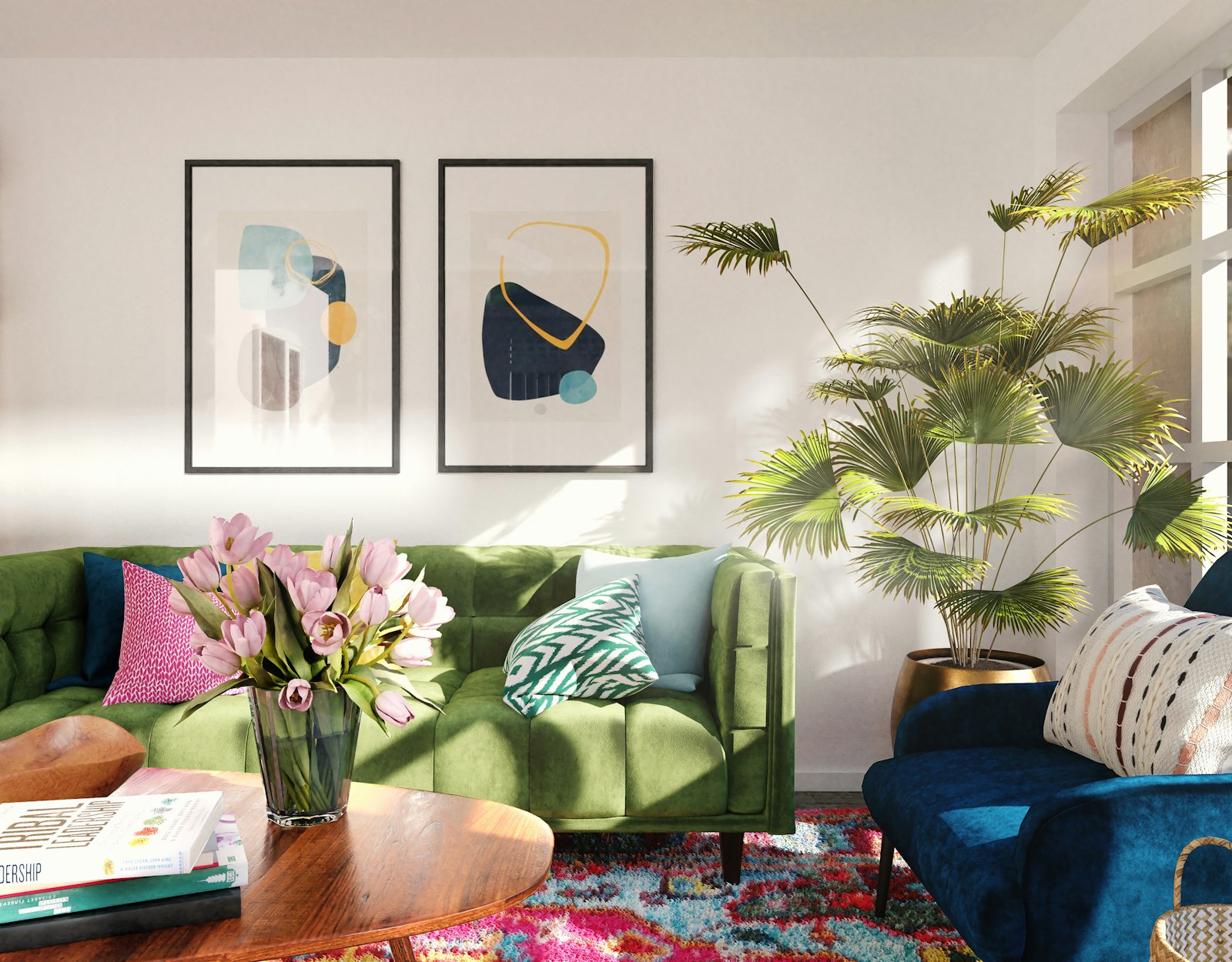 Volle woonkamer met kleurrijke kussens, prints aan de wand en een donkere bank als rustpunt