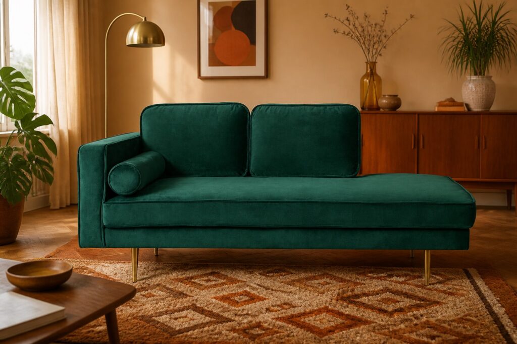 Miramas chaise longue smaragdgroen fluweel in een retro interieur: chaise longue in groen