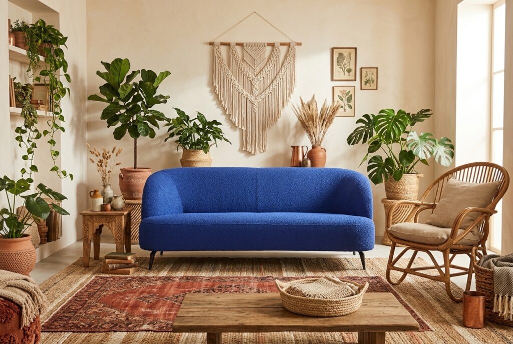 Montèl 40-1 kobaltblauw in een bohemien interieur: 3-zitsbank in blauw