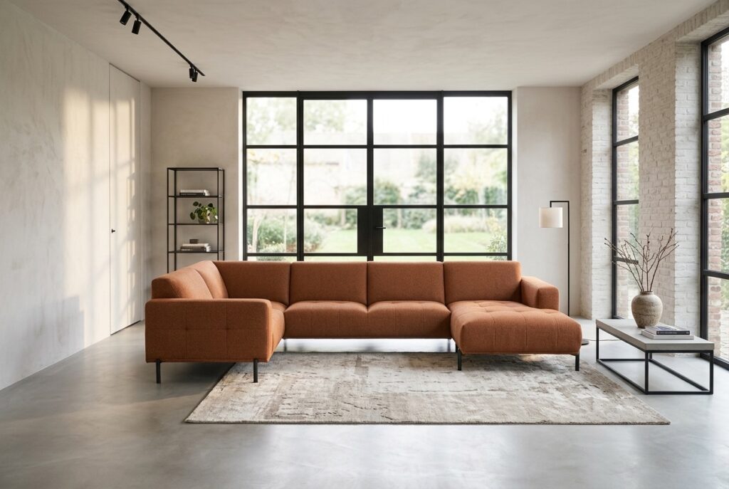 Montèl Ambra hoekbank brick in een modern interieur: hoekbank in terracotta