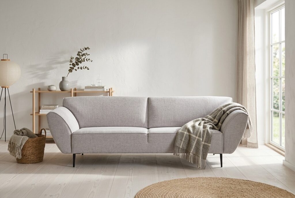 Montèl Blazer driezitter lichtgrijs in een licht scandinavisch interieur: 3-zitsbank in grijs