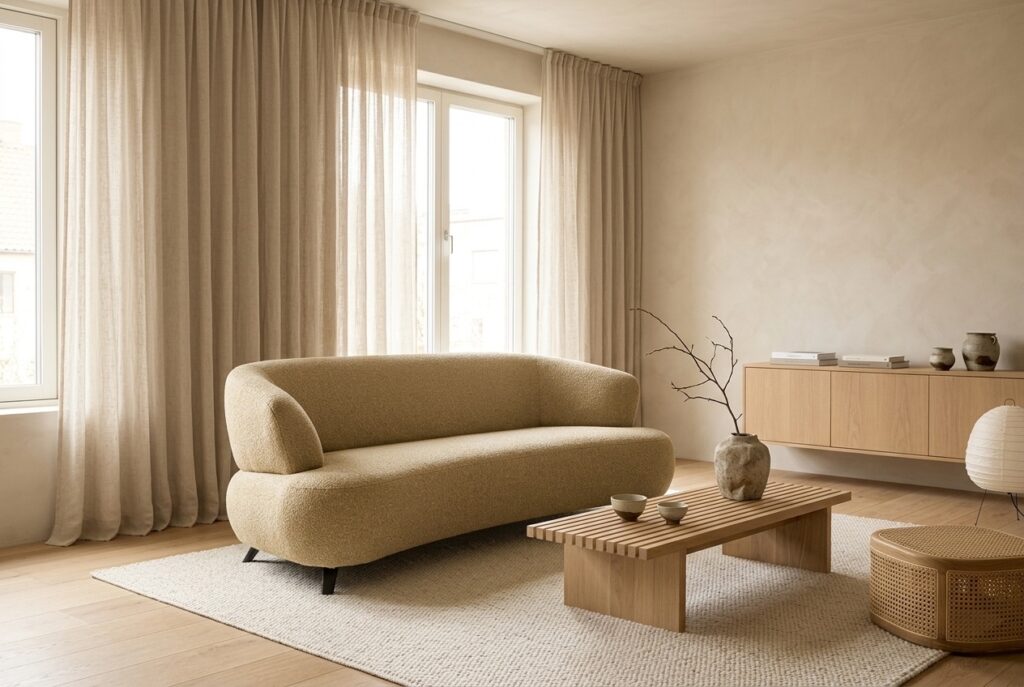 Montèl Bloom curry-geel in een japandi interieur: 3-zitsbank in geel