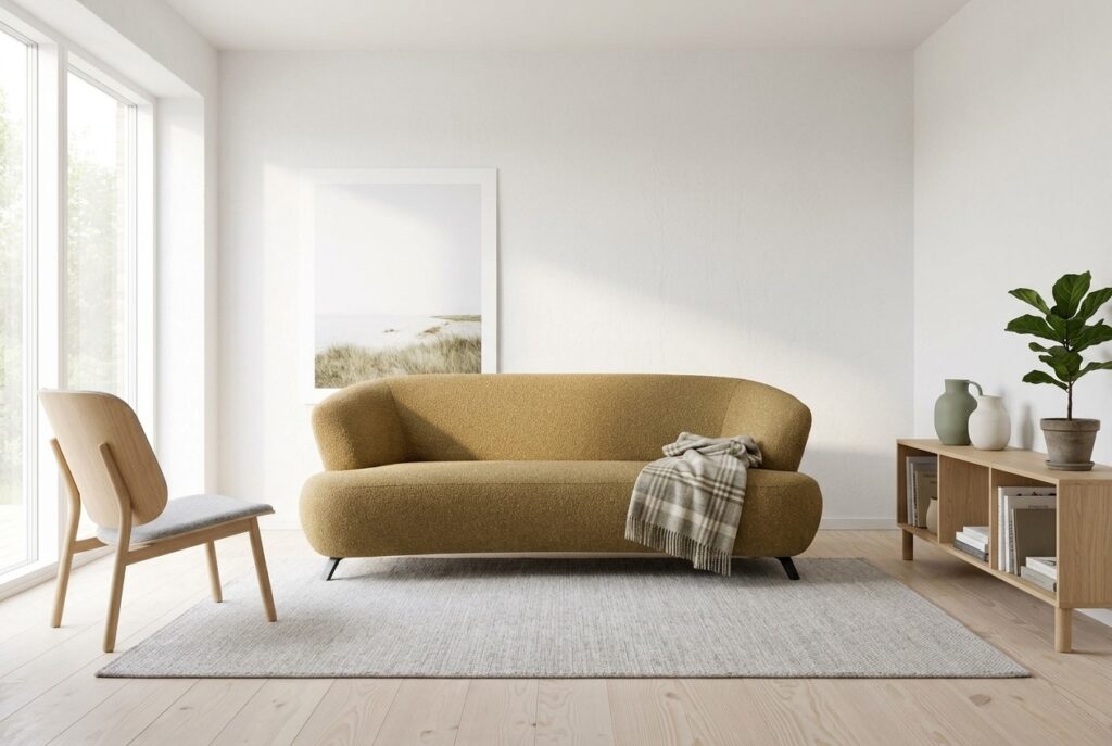 Montèl Bloom curry-geel in een licht scandinavisch interieur: 3-zitsbank in geel