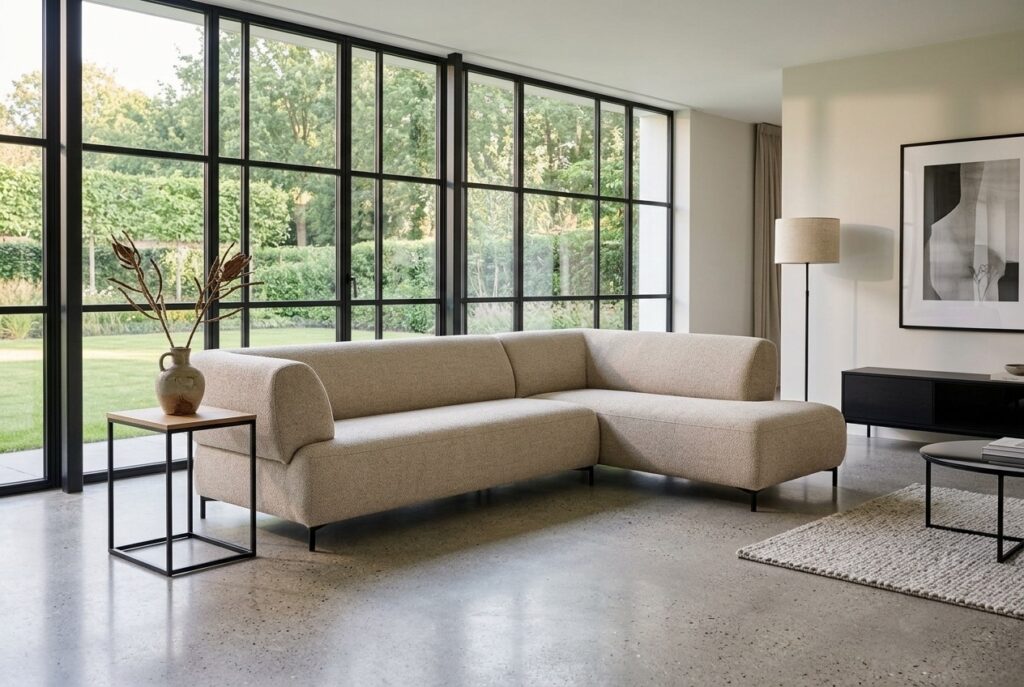 Montèl Chess hoekbank warmbruin in een modern interieur: hoekbank in bruin