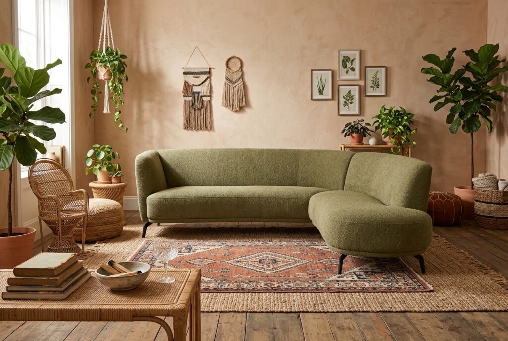 Montèl Icarus organic legergroen in een bohemien interieur: hoekbank in groen