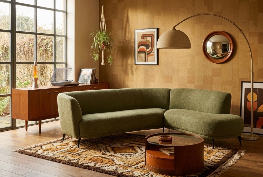 Montèl Icarus organic legergroen in een retro interieur: hoekbank in groen