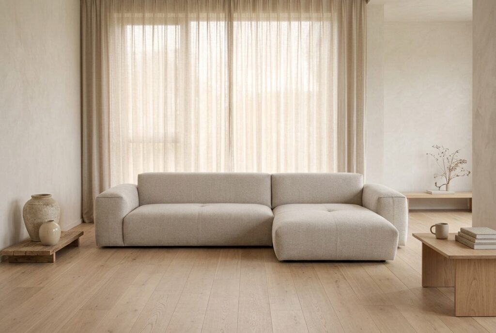Montèl Livio loungebank beige in een japandi interieur: hoekbank in beige