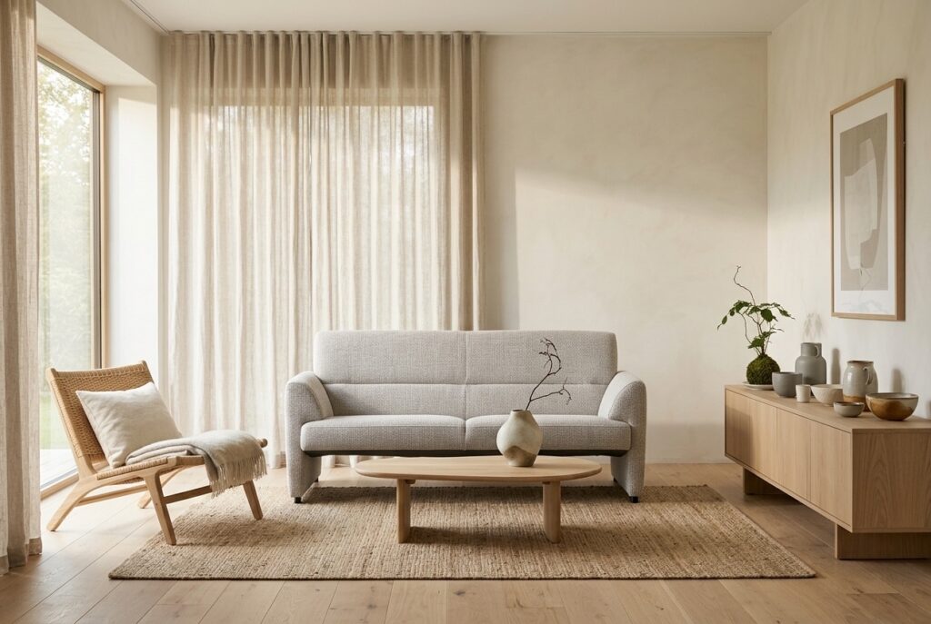 Montèl Mondi driezitter bruin in een japandi interieur: 3-zitsbank in bruin