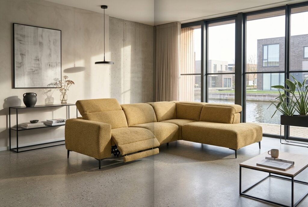 Montèl Movano U-bank curry in een modern interieur: hoekbank in geel