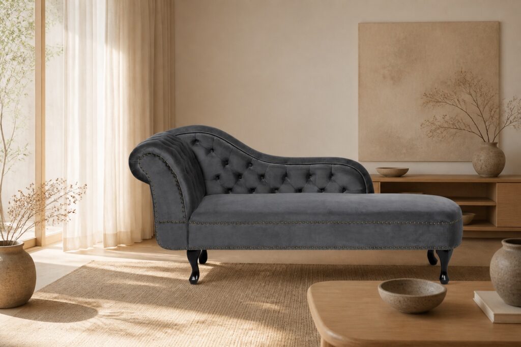 Nimes chaise longue grijs fluweel in een japandi interieur: chaise longue in grijs