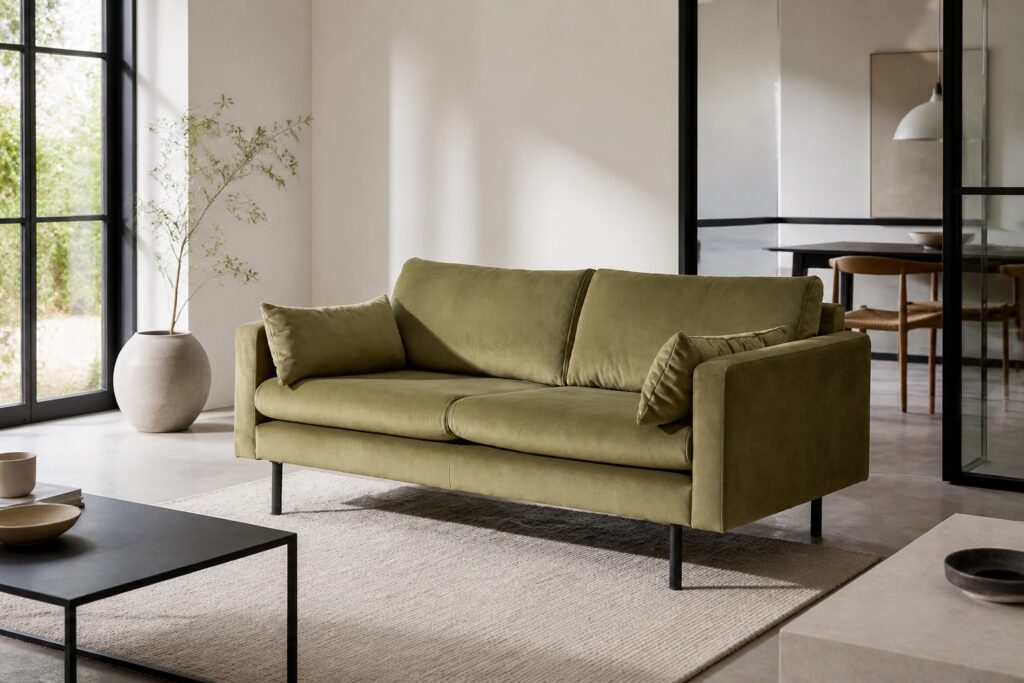 NOUS Living 2-zitsbank Adam kaki in een modern interieur: 2-zitsbank in groen