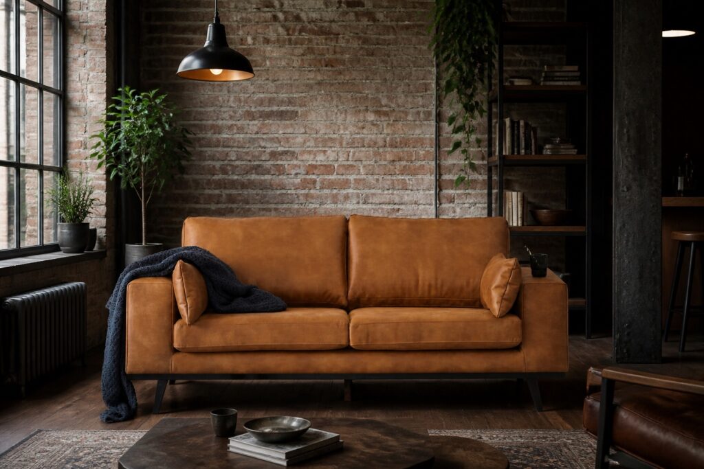 NOUS Living 2-zitsbank Torino cognac in een industrieel interieur: 2-zitsbank in bruin