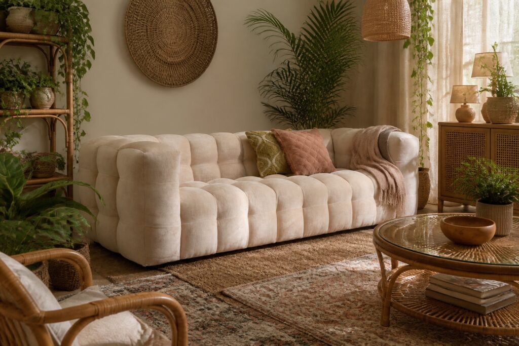 NOUS Living 3-zitsbank Mint boucle in een bohemien interieur: 3-zitsbank in beige