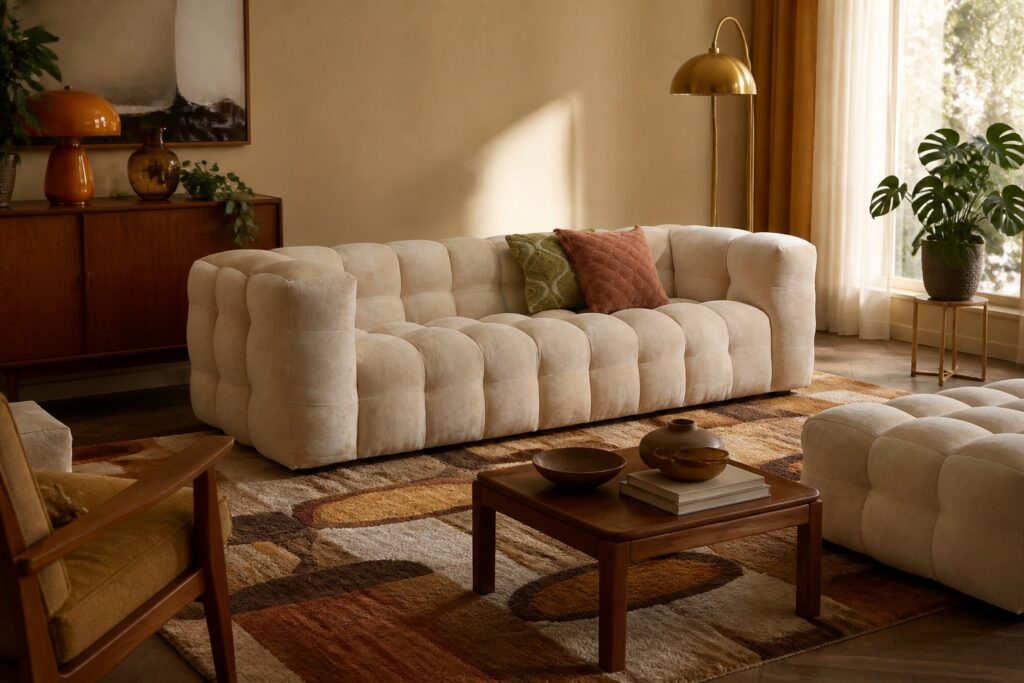 NOUS Living 3-zitsbank Mint boucle in een retro interieur: 3-zitsbank in beige