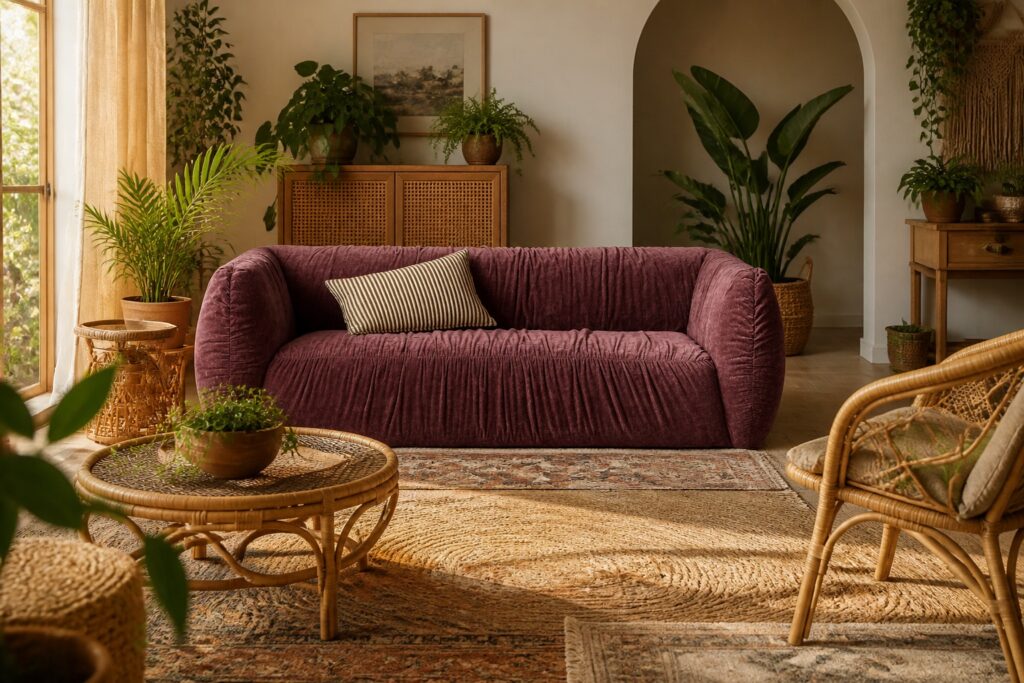 NOUS Living 3-zitsbank Silke burgundy in een bohemien interieur: 3-zitsbank in rood