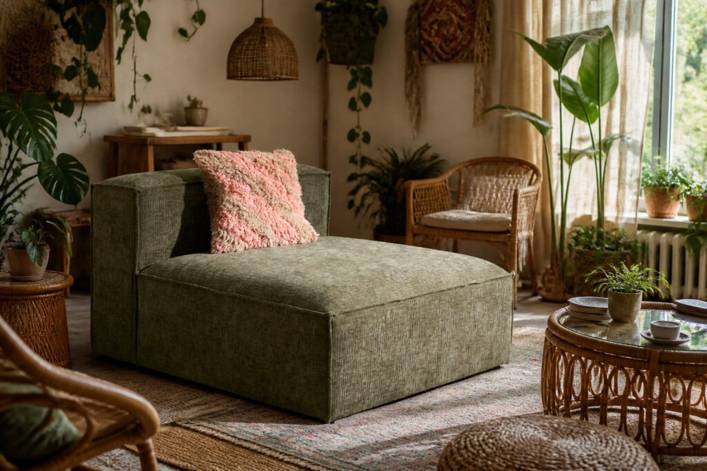 NOUS Living chaise longue Igor donkergroen in een bohemien interieur: chaise longue in groen