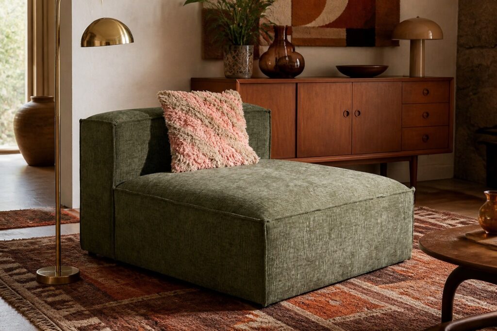 NOUS Living chaise longue Igor donkergroen in een retro interieur: chaise longue in groen