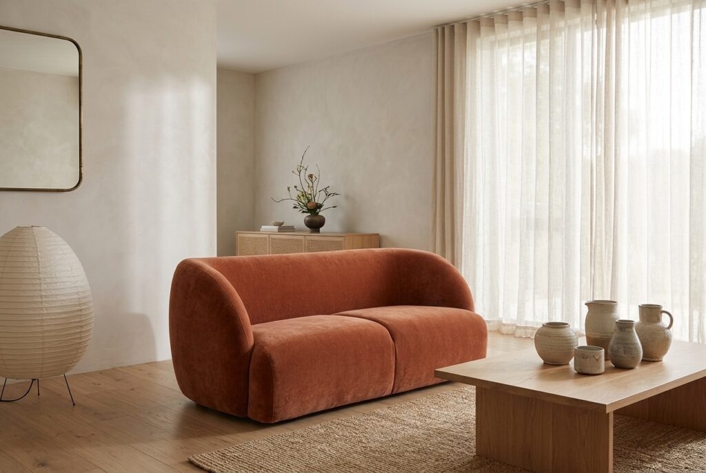 Paula, 2-zitsbank Moss rust in een japandi interieur: 2-zitsbank in terracotta