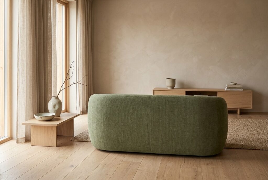 Paula, 2-zitsbank Symbol Pine in een japandi interieur: 2-zitsbank in groen