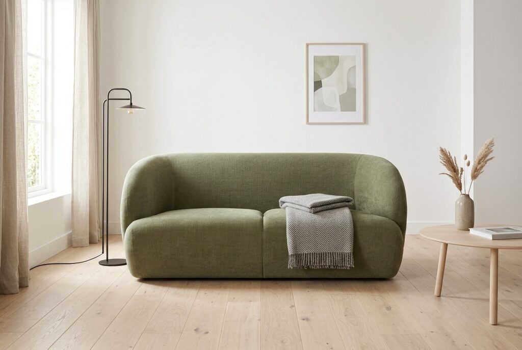Paula, 2-zitsbank Symbol Pine in een licht scandinavisch interieur: 2-zitsbank in groen