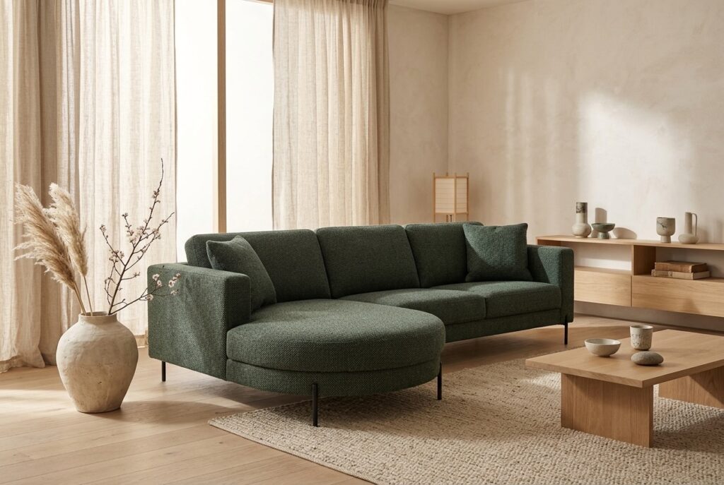 Pearl hoekbank groen in een japandi interieur: hoekbank in groen
