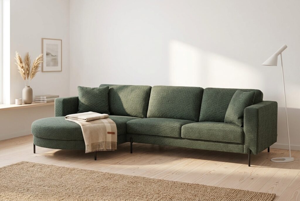 Pearl hoekbank groen in een licht scandinavisch interieur: hoekbank in groen