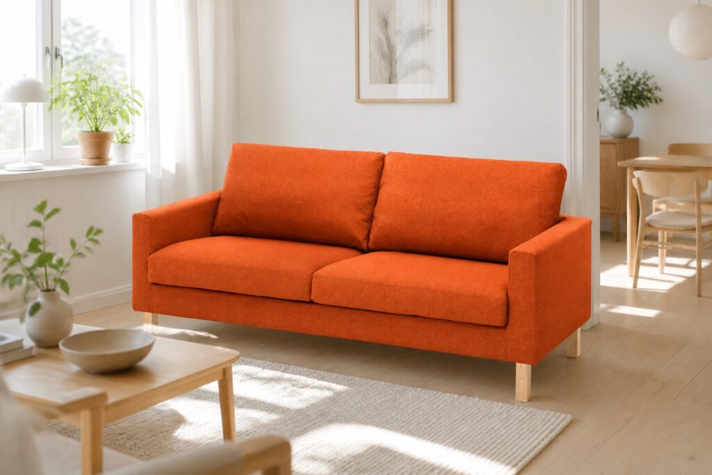 SALTSJÖBADEN 3-zitsbank Tonerud roodbruin in een licht scandinavisch interieur: 3-zitsbank in bruin