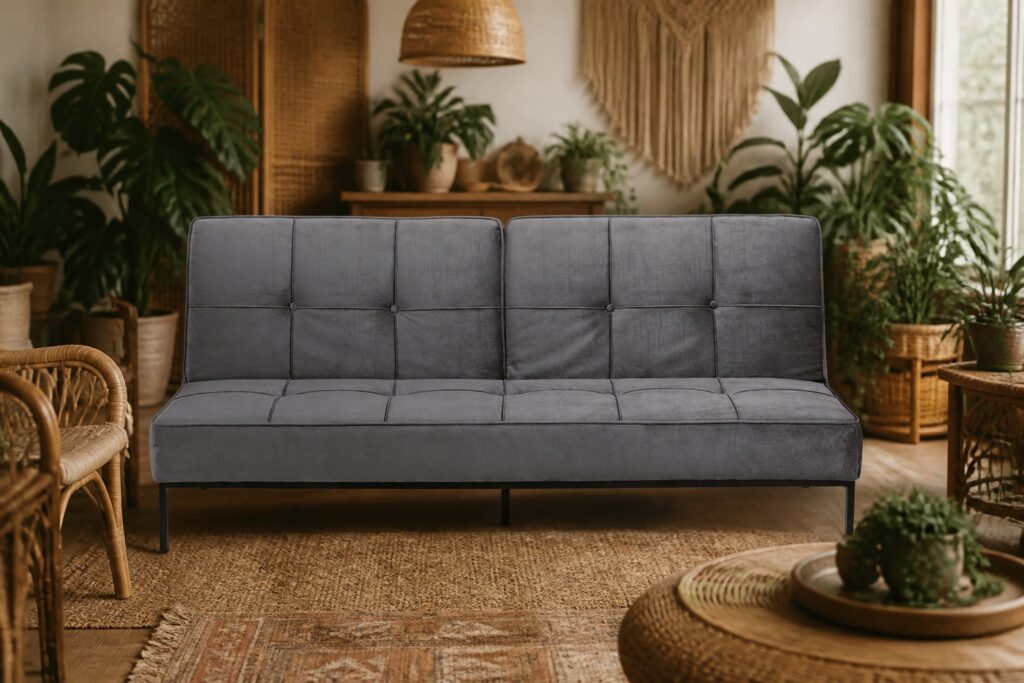 Slaapbank Linz velvet donkergrijs in een bohemien interieur: slaapbank in grijs