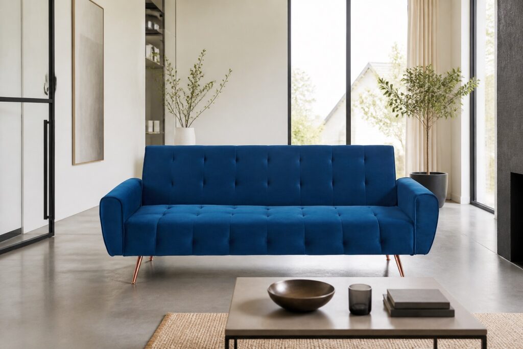 Slaapbank Polani koningsblauw fluweel in een modern interieur: slaapbank in blauw