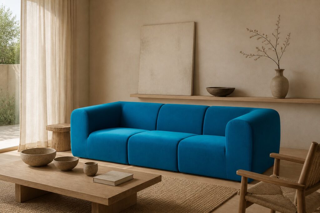 STOCKHOLM 2025 3-zitsbank Alhamn donkerturkoois in een japandi interieur: 3-zitsbank in blauw