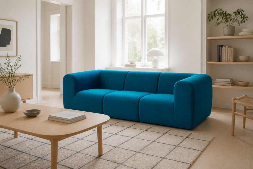 STOCKHOLM 2025 3-zitsbank Alhamn donkerturkoois in een licht scandinavisch interieur: 3-zitsbank in blauw