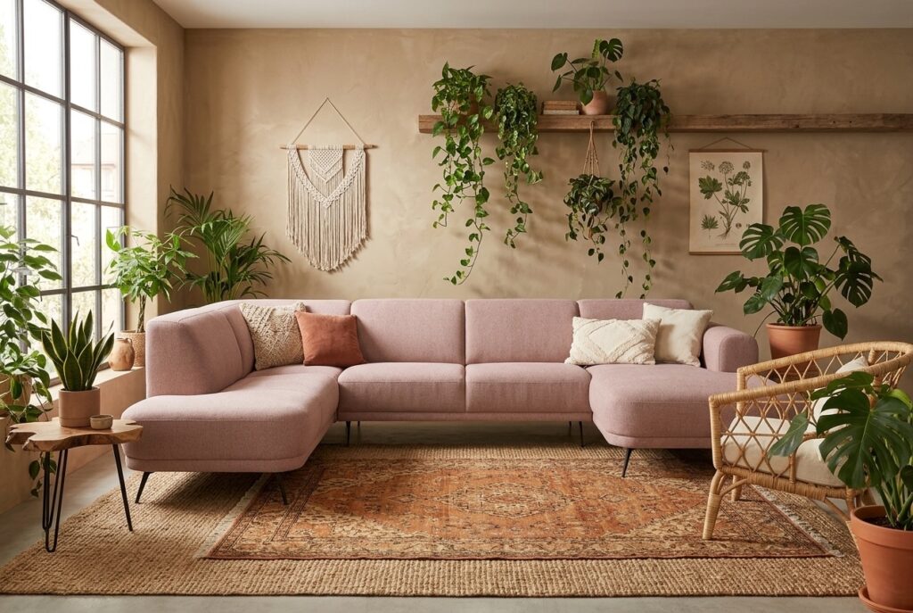 U-bank Shallow roze in een bohemien interieur: hoekbank in roze