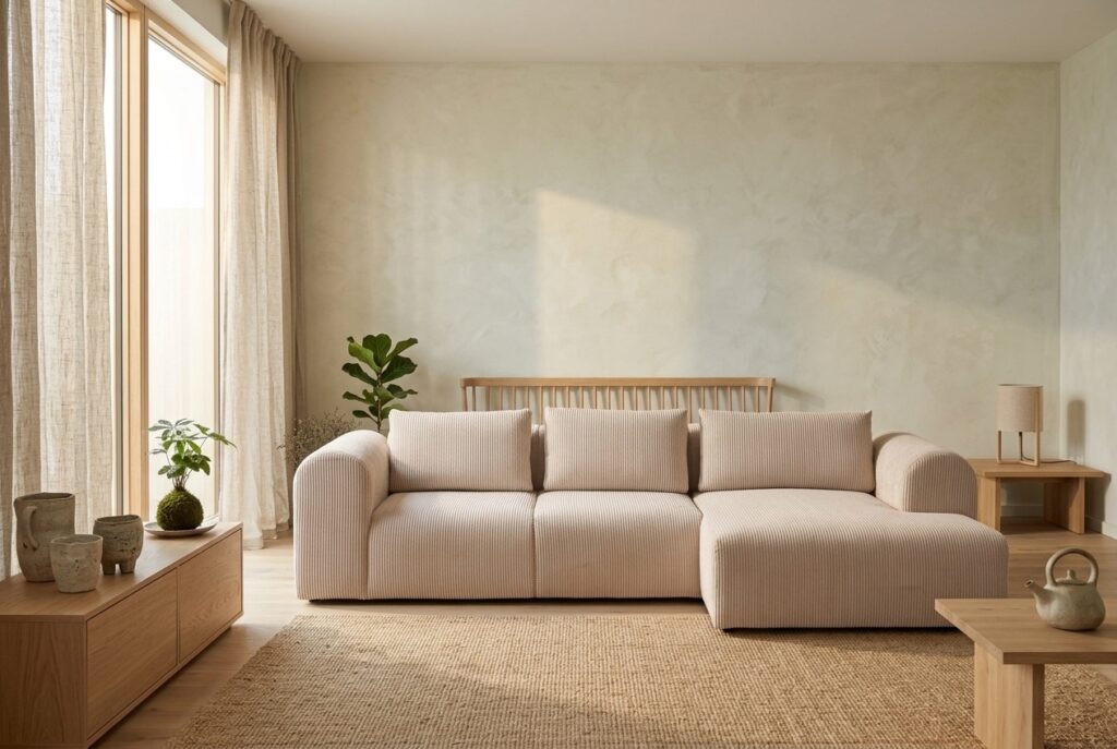 Vera hoekbank ribstof beige in een japandi interieur: hoekbank in beige