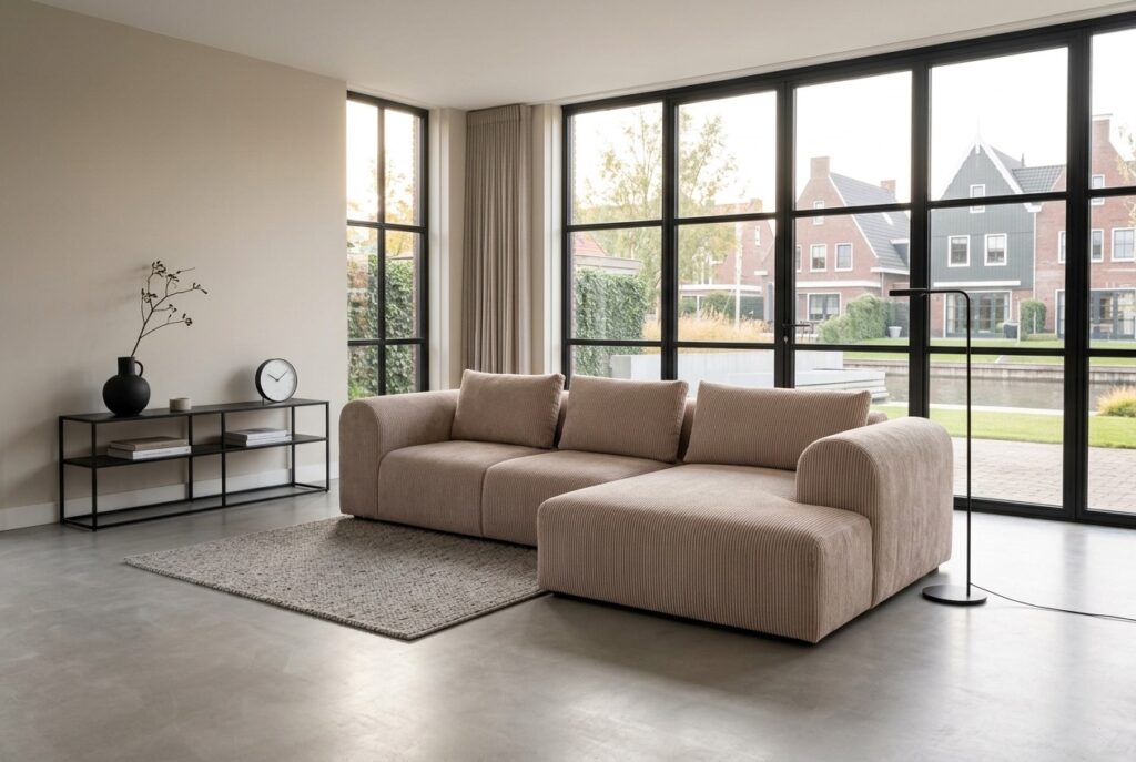 Vera hoekbank ribstof beige in een modern interieur: hoekbank in beige