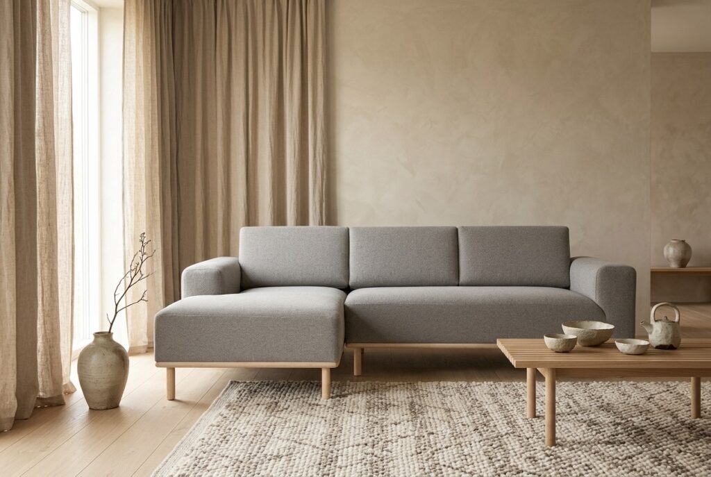 Vilmar, Chaise longue sofa links Agnes Brown in een japandi interieur: chaise longue in beige