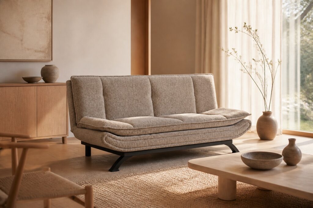 Wehkamp Home slaapbank Fally beige boucle in een japandi interieur: slaapbank in beige