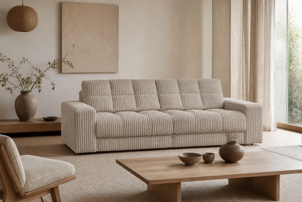 WOOOD 2-zitsbank Second Date taupe rib in een japandi interieur: 2-zitsbank in beige